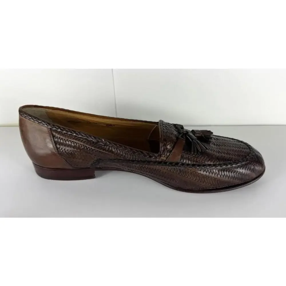 Vintage Bally Woven Leather Lisbon Italy Dress Shoes Men US 12 M Brown Loafers